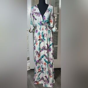 Peach Love California Maxi Dress Women L Floral Split Sleeve Smocked Waist White